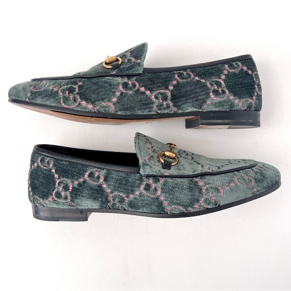 GUCCI | Jordaan Horsebit Velvet Monogram Loafers Flats Green Pink GG Logo US 9 - Picture 9 of 11